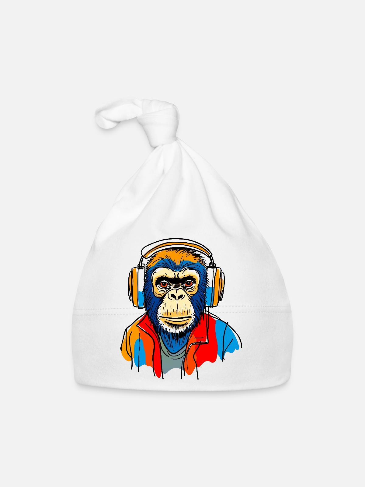 Singe avec casque - Bonnet bio Bébé - blanc - Devant
