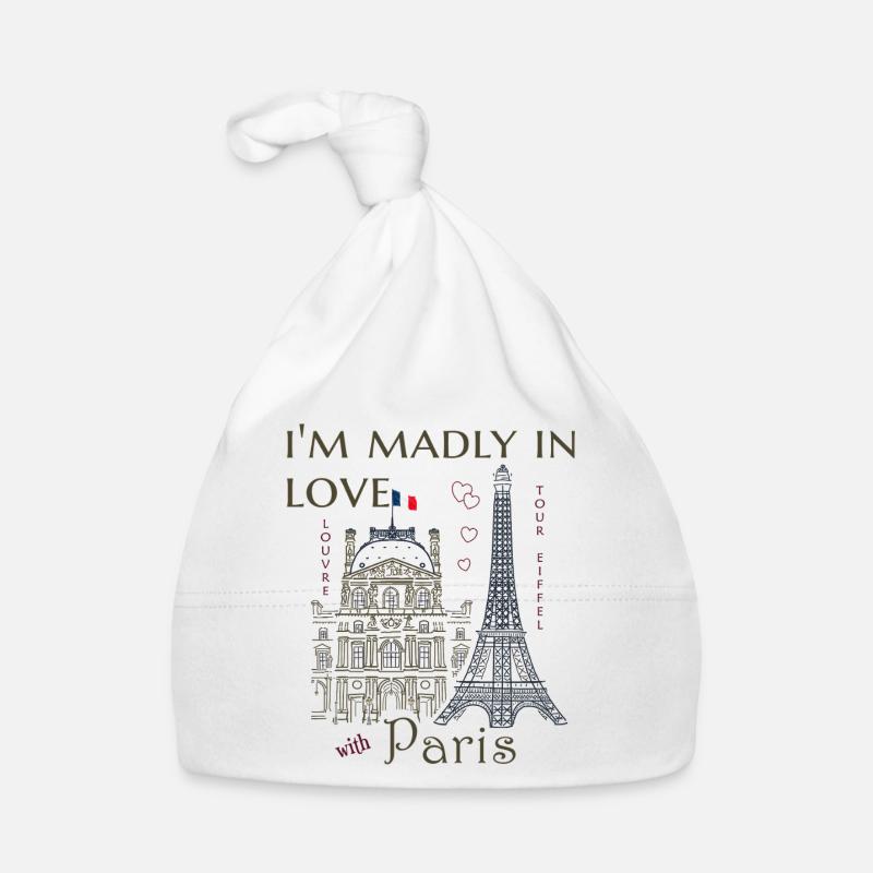 Paris, Louvre et la Tour Eiffel dessinés à la main - Bonnet bio Bébé - blanc