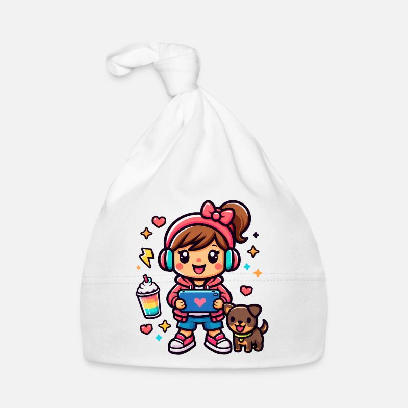 Fille Gamer Esthétique avec une tablette de surf et un chiot - Bonnet bio Bébé - blanc