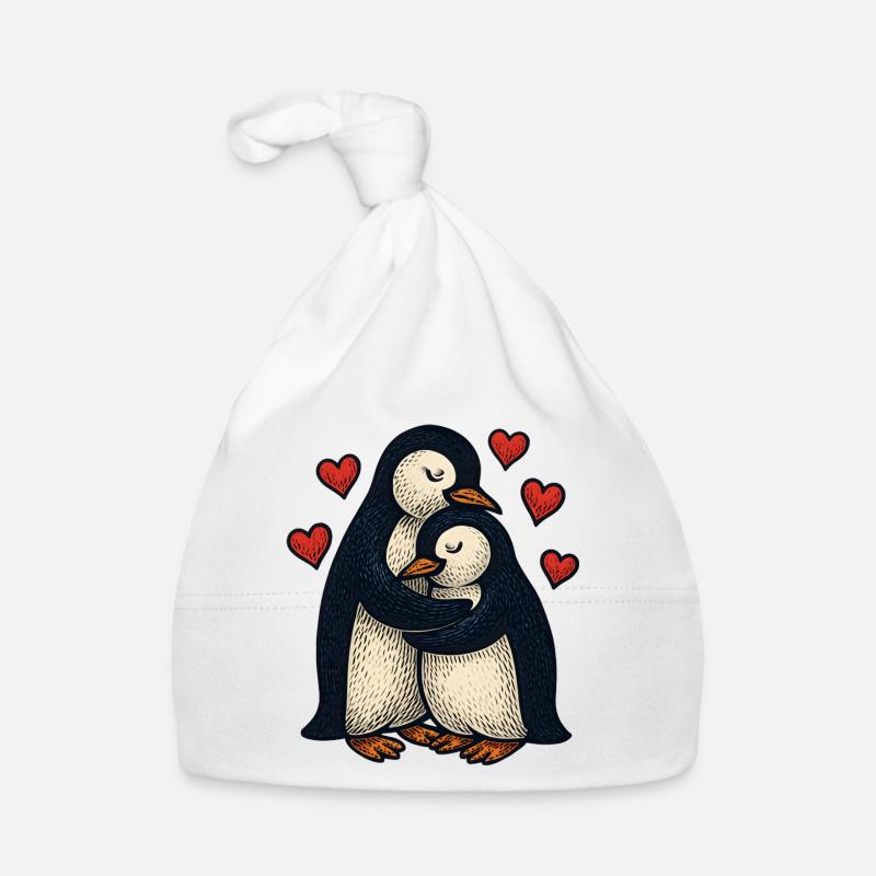 Penguin couple hugging with hearts Organic Baby Cap