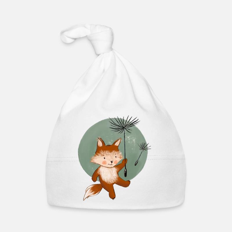 Petit renard vole avec du pissenlit - Bonnet bio Bébé - blanc