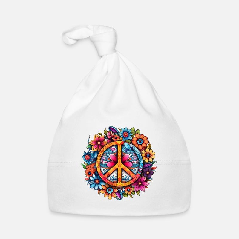 Peace Love Mandala 60s Autocollant - Bonnet bio Bébé - blanc