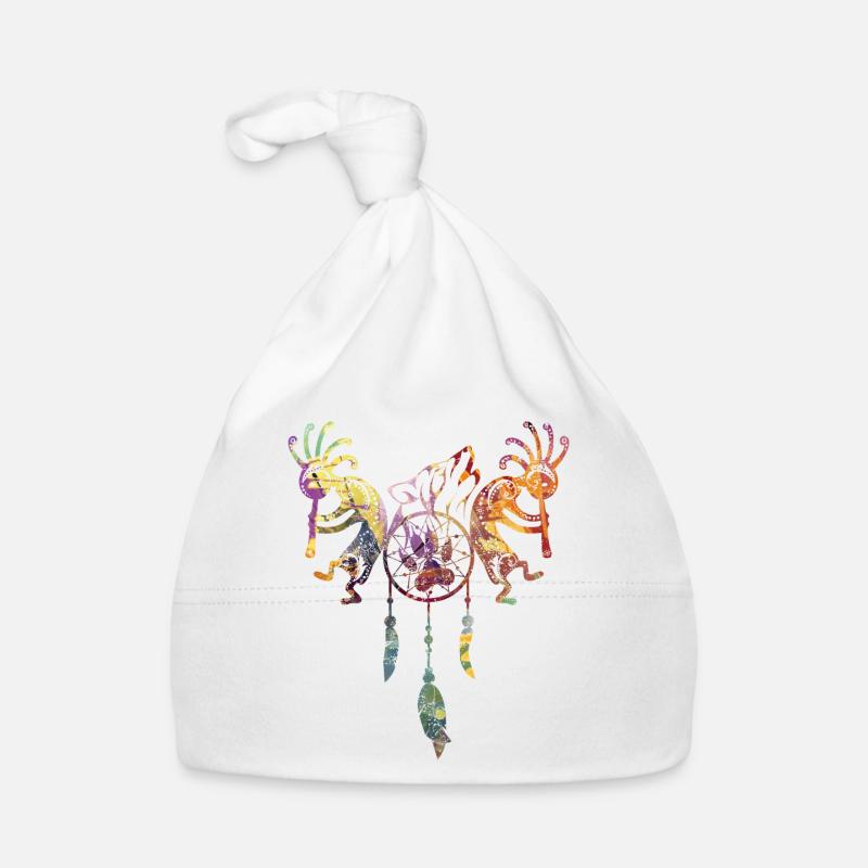 Kokopelli américain amérindien - Dreamcatcher Wolf 1 - Bonnet bio Bébé - blanc