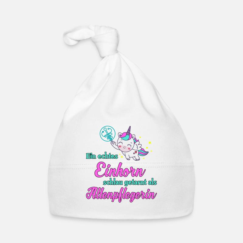 Ein Einhorn schlau getarnt als Altenpflegerin Baby Bio-Mütze