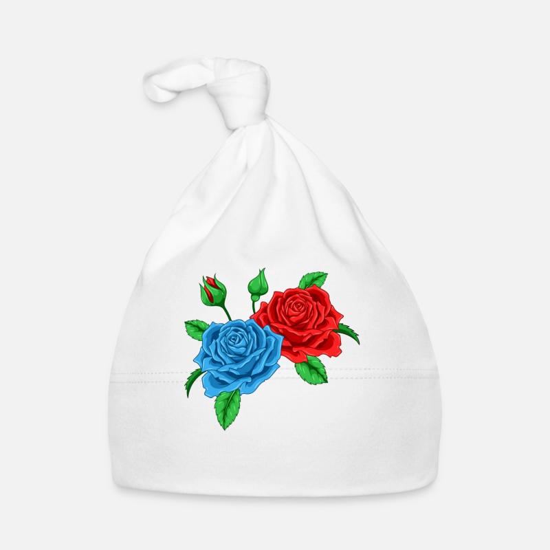 Rouge et une rose bleue - Roses - Bonnet bio Bébé - blanc