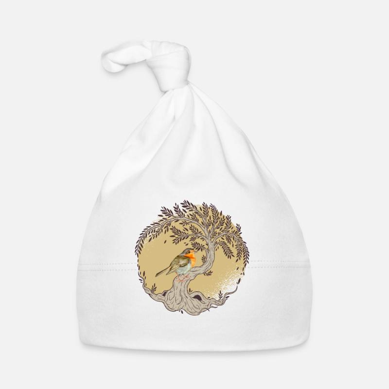 Arbre de vie - arbre de vie et robin - Bonnet bio Bébé - blanc