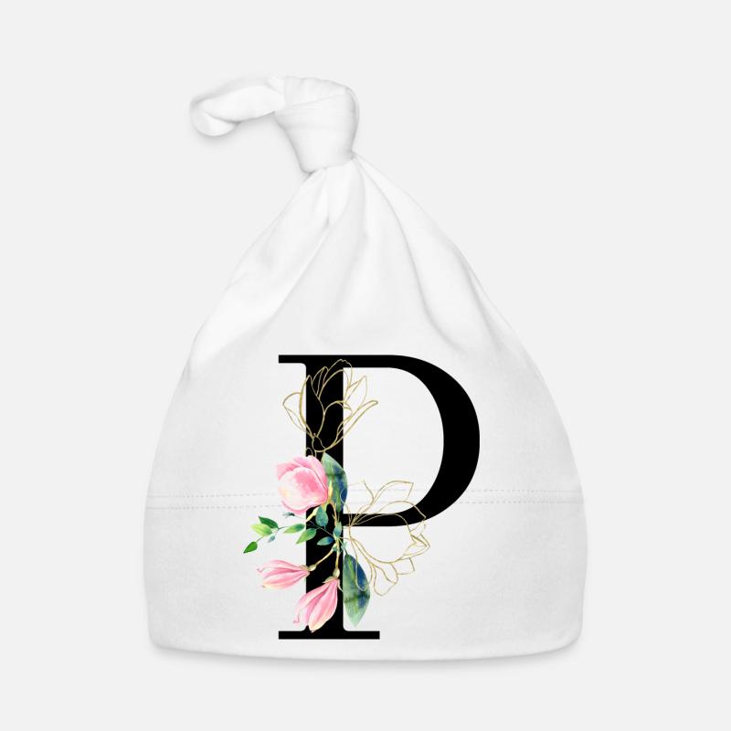 Lettre P Aquarelle de Monogramme Floral - Bonnet bio Bébé - blanc