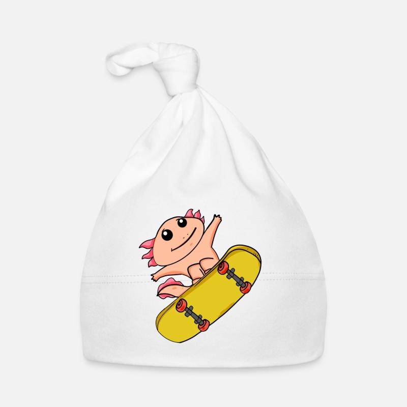 Axolotl als Skater mit Skateboard Baby Bio-Mütze