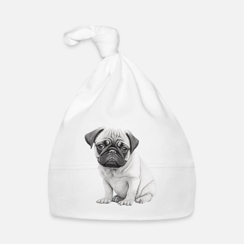Pug design pochoir blanc et noir - Bonnet bio Bébé - blanc