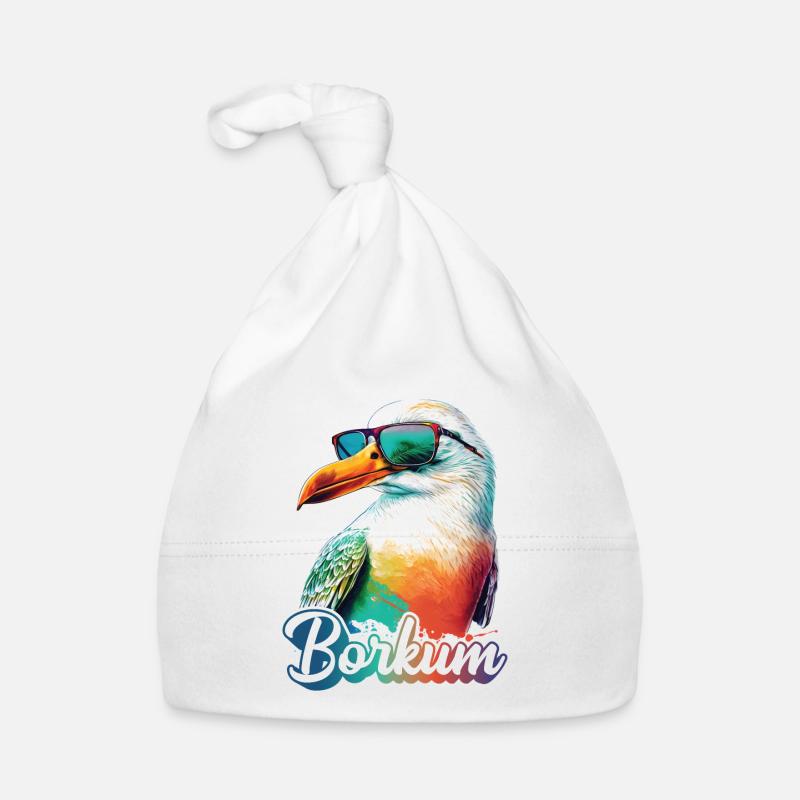 Borkum Urlaub coole bunte Möwe mit Sonnenbrille Baby Bio-Mütze