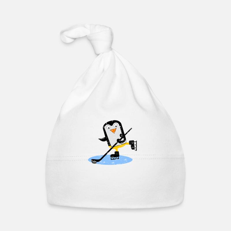 Pinguin spielt Eishockey mit Puck Baby Bio-Mütze