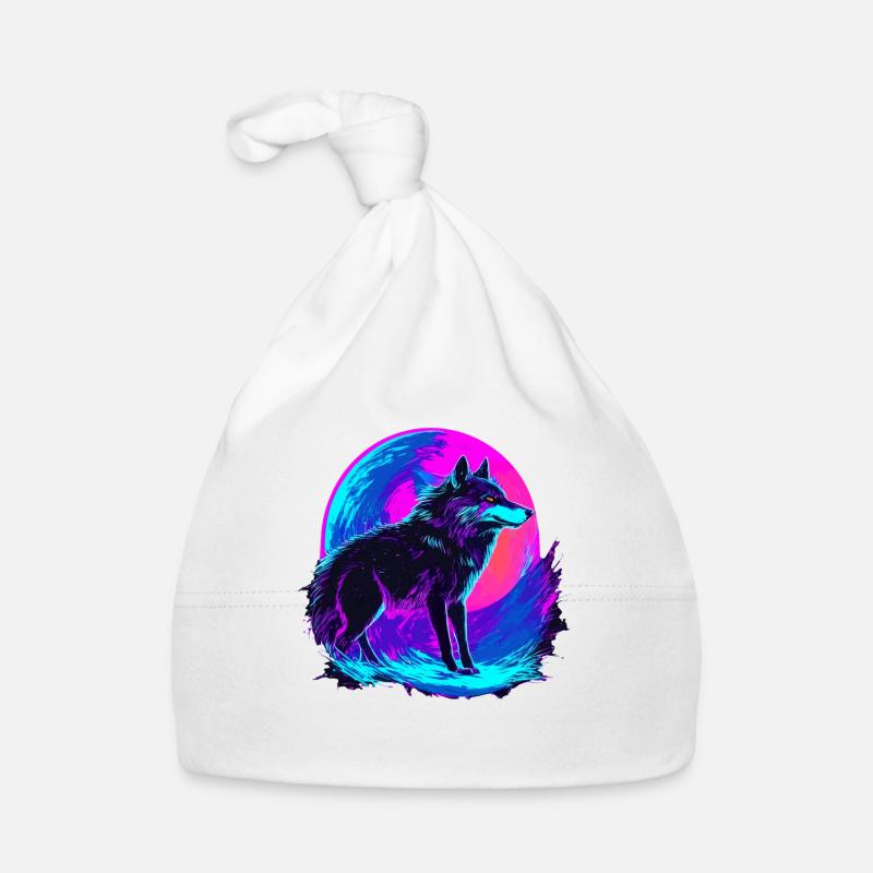 Colorful Wolf Neon Moon Synthwave - Baby Bio-Mütze - Weiß