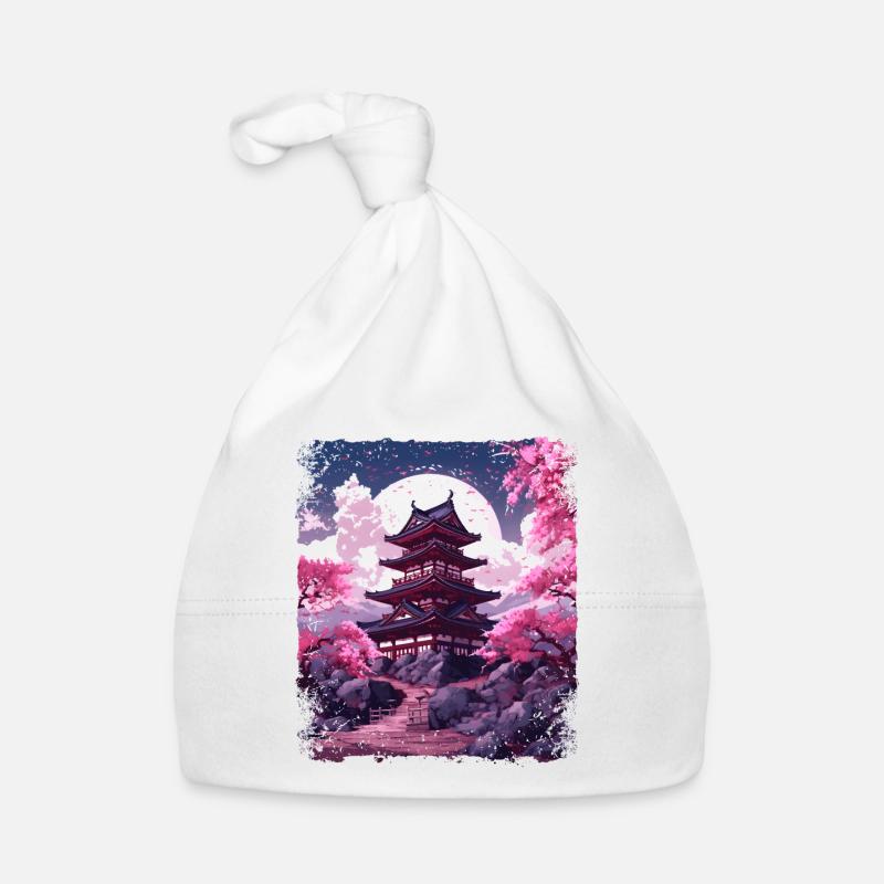 Sakura en fleurs de cerisier dans un temple Vaporwave - Bonnet bio Bébé - blanc