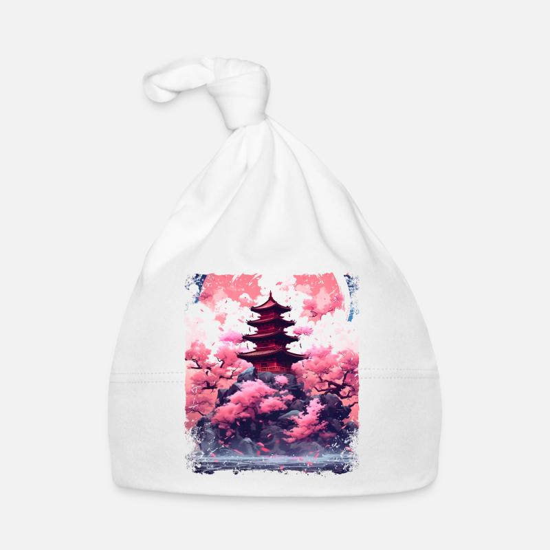Cerisier en fleurs dans un temple Sakura Vaporwave Bonnet bio Bébé