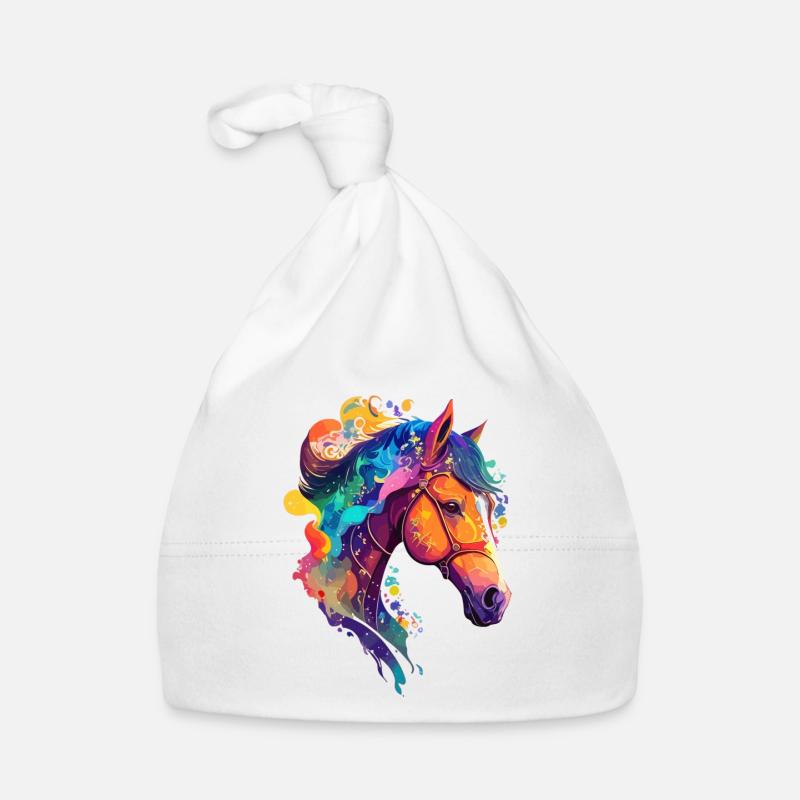Belle illustration d’équitation de poney coloré de cheval - Bonnet bio Bébé - blanc
