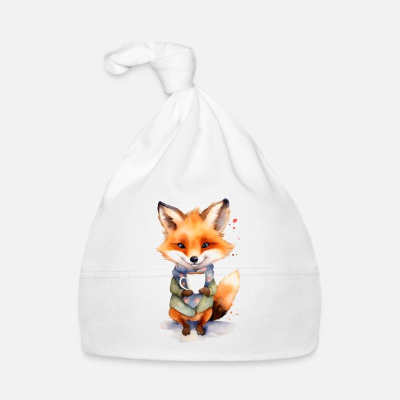 Fuchs mit Kaffee -Aquarellstil - Baby Bio-Mütze - Weiß