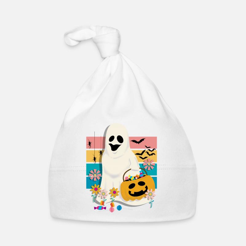 Groovy flower ghost holding pumpkin with candy Organic Baby Cap