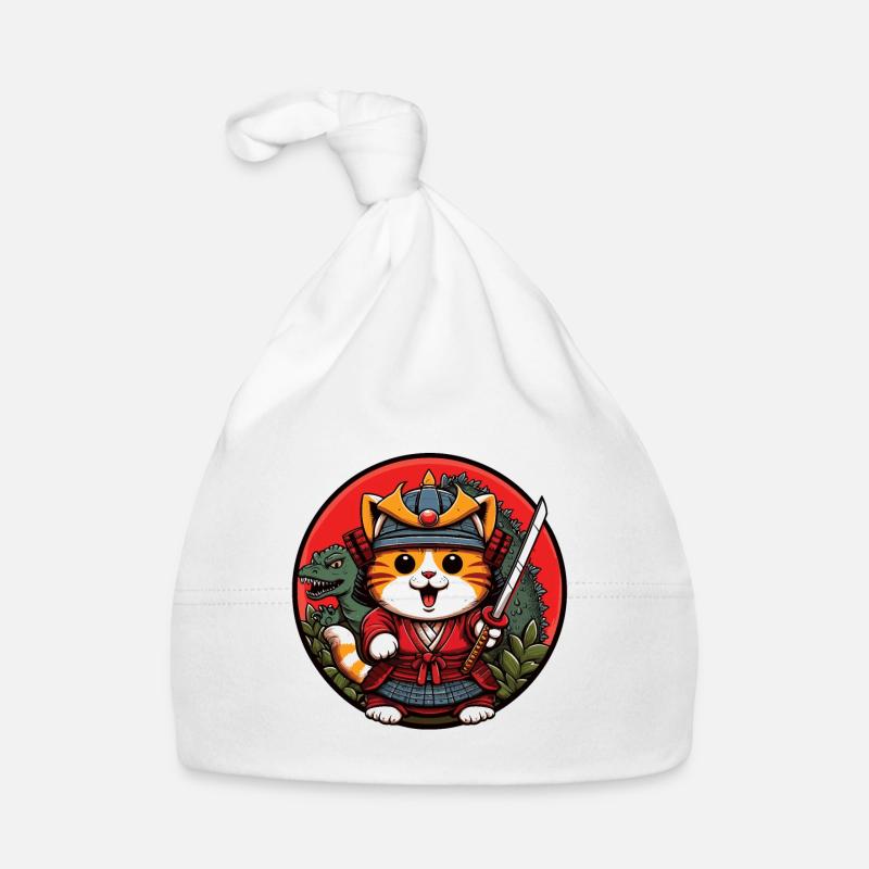 Samurai-Ninja-Katze und Dinosaurier-Monster dahinter Baby Bio-Mütze