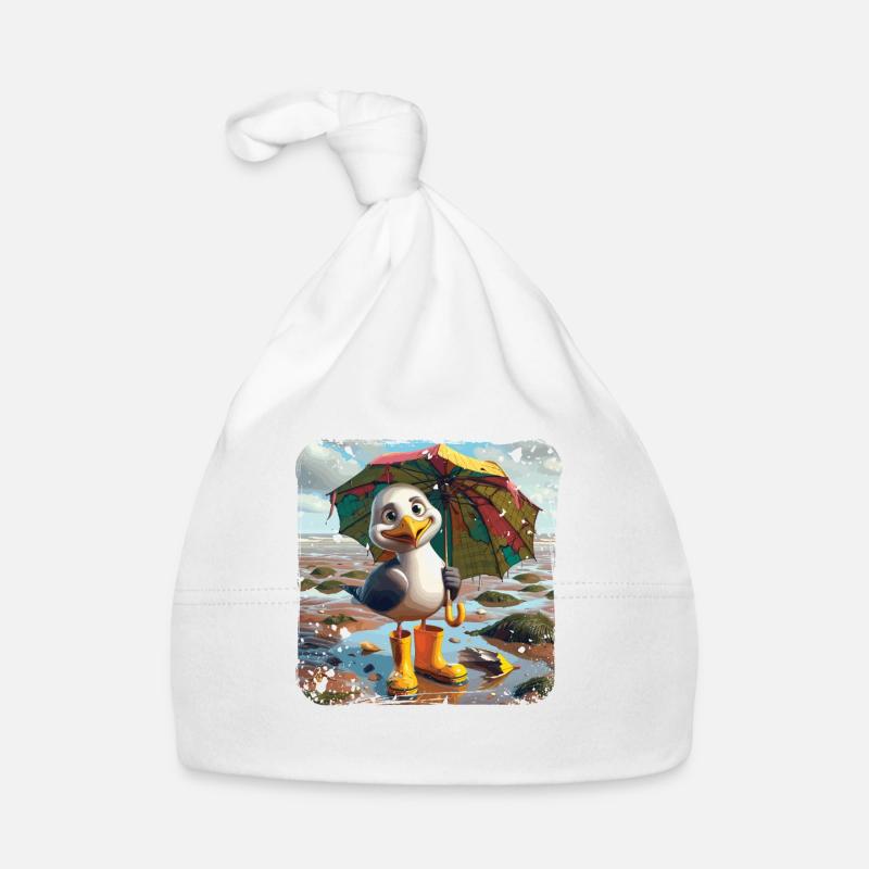 Fröhliche Möwe mit Gummistiefel und Regenschirm Baby Bio-Mütze
