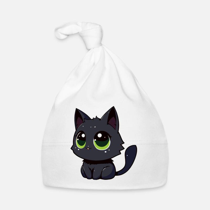 Chat noir qui vous observe, qui s’ébroue - Bonnet bio Bébé - blanc