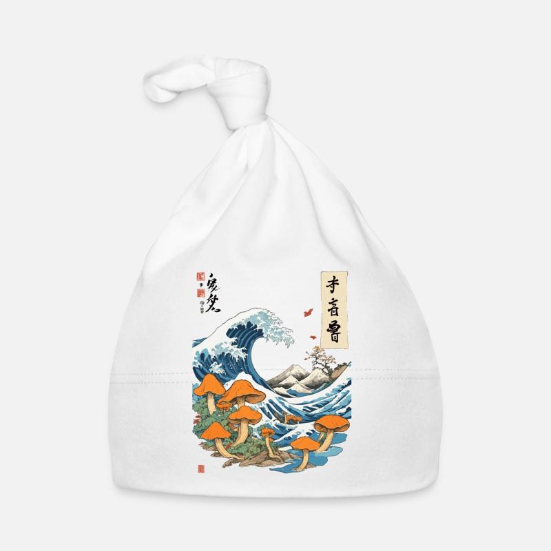 Vague japonaise Vintage champignons Ukiyo-E Design - Bonnet bio Bébé - blanc