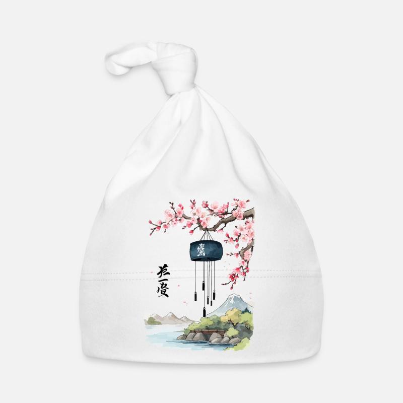 Paysage japonais rétro Ukiyo-e cloches à vent - Bonnet bio Bébé - blanc