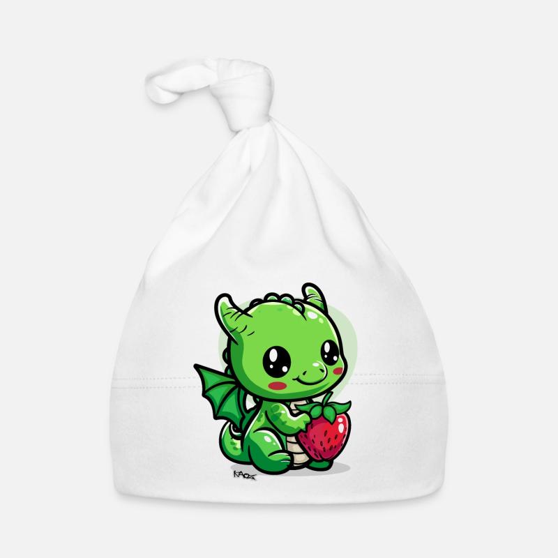 Ein kleiner süßer Drache mit einer Erdbeere Baby Bio-Mütze