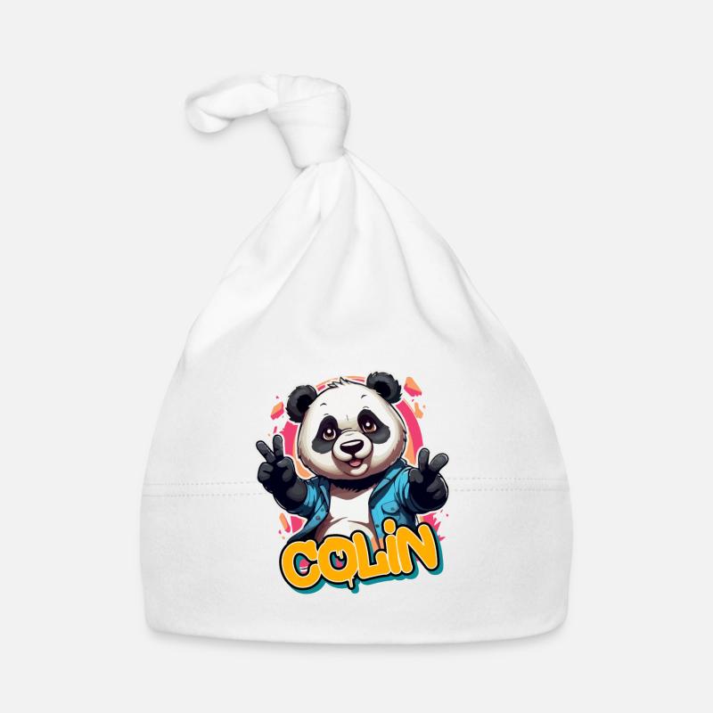COLIN - Beau nom de garçon avec Panda cool - Bonnet bio Bébé - blanc