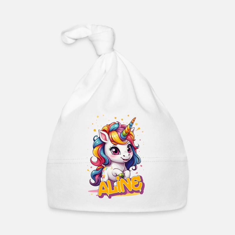 ALINE - Schöner Mädchen Name mit süßem Einhorn Baby Bio-Mütze