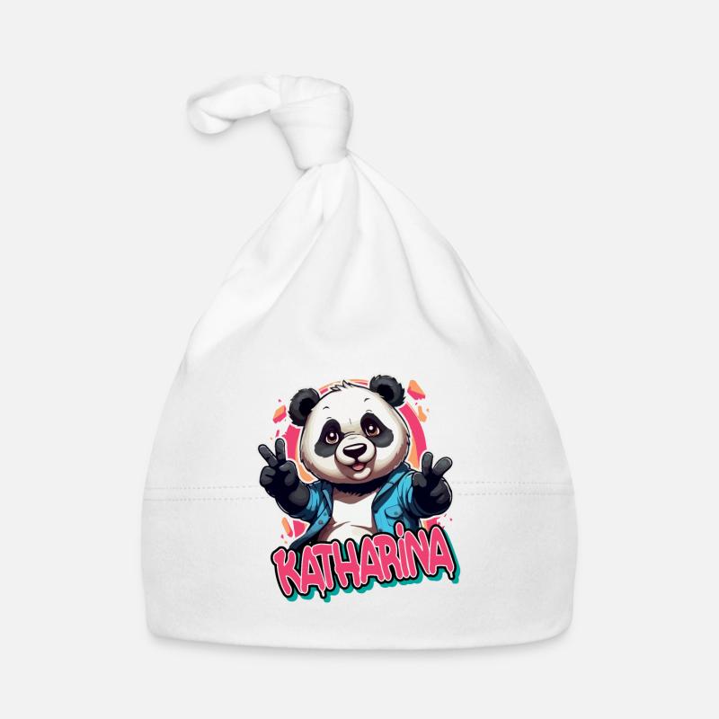 KATHARINA - Schöner Mädchen Name mit coolem Panda - Baby Bio-Mütze - Weiß