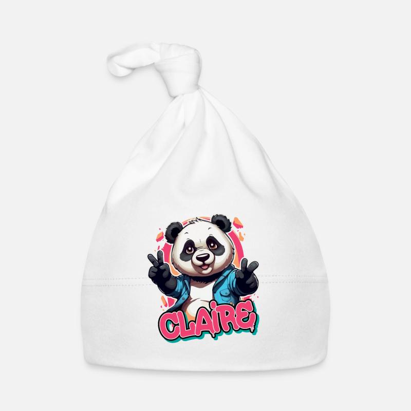CLAIRE - Beau nom de fille avec panda cool - Bonnet bio Bébé - blanc
