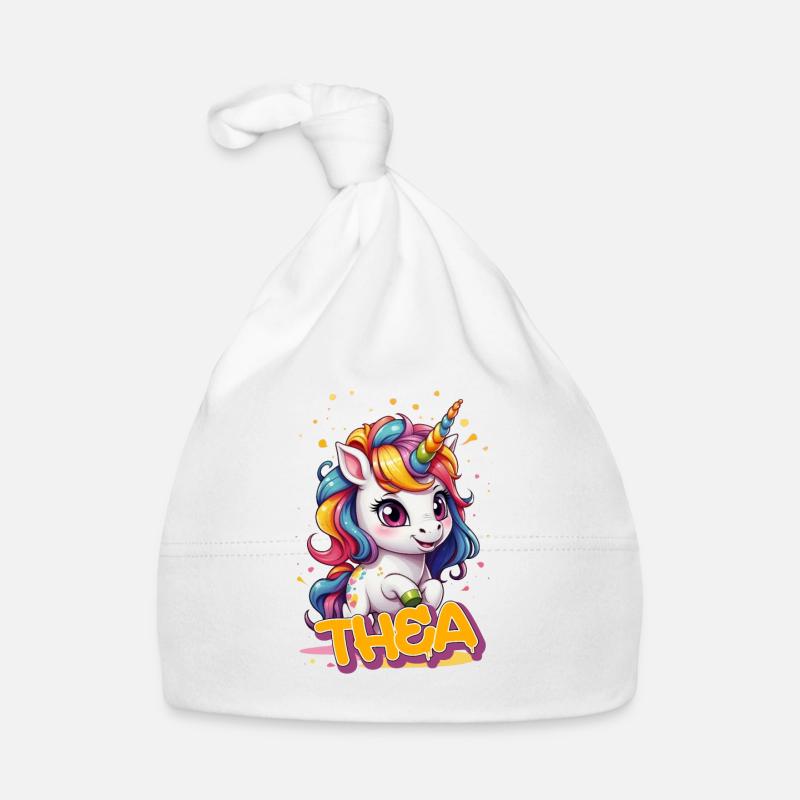THEA - Schöner Mädchen Name mit süßem Einhorn Baby Bio-Mütze