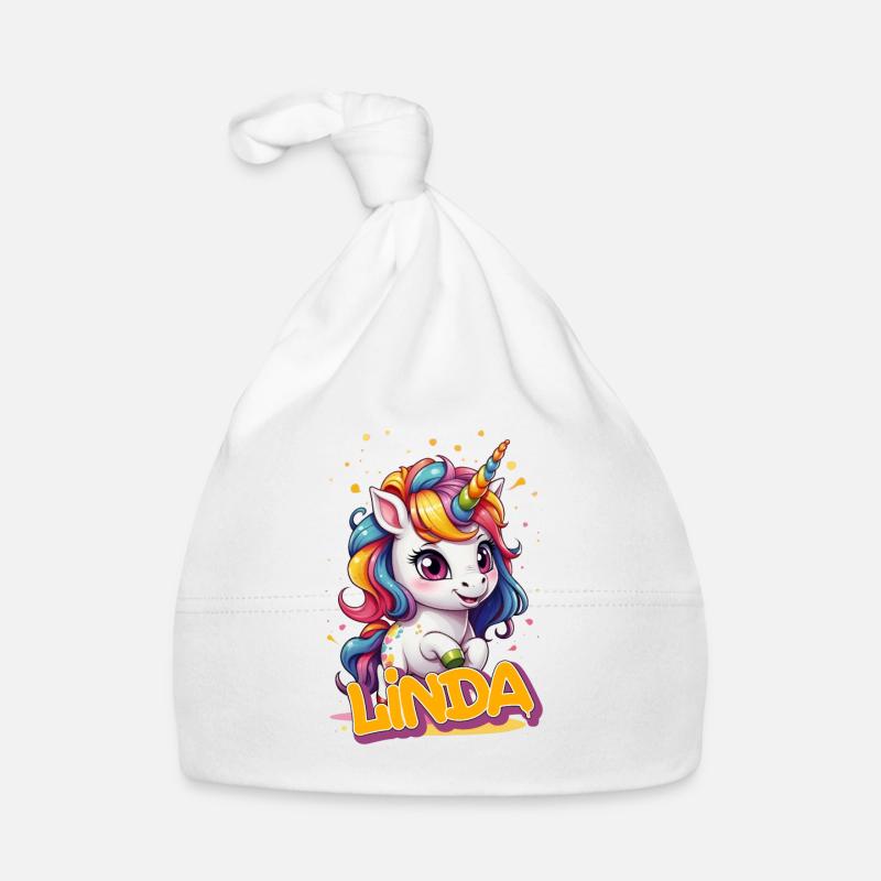 LINDA - Schöner Mädchen Name mit süßem Einhorn Baby Bio-Mütze