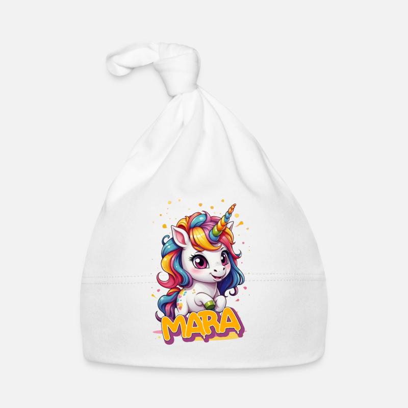 MARA - Schöner Mädchen Name mit süßem Einhorn Baby Bio-Mütze