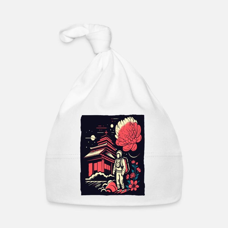 Astronaute devant un temple japonais avec des fleurs Bonnet bio Bébé