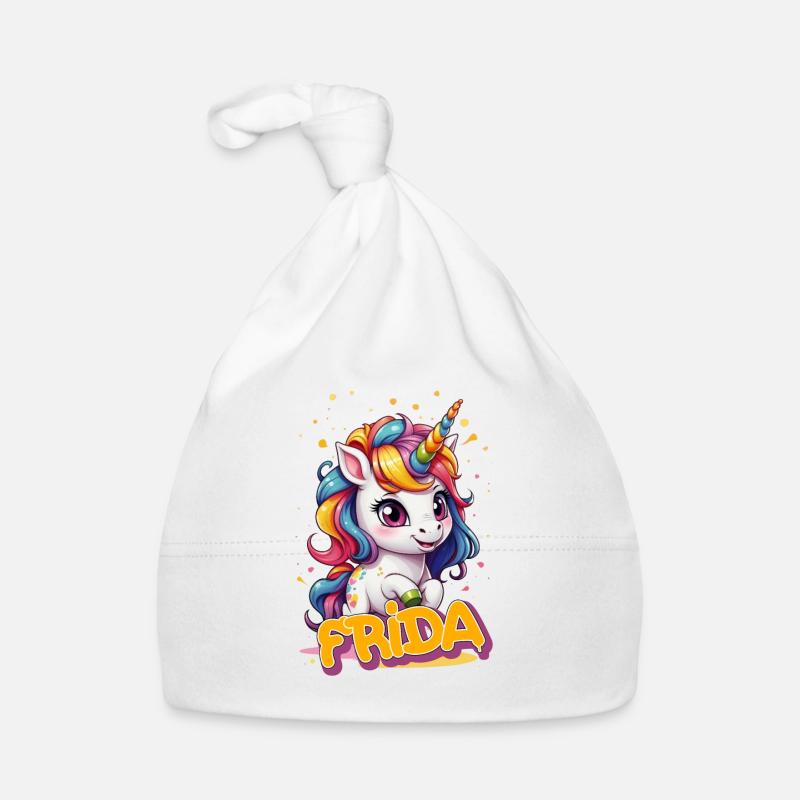 F R I D A - Schöner Mädchen Name mit süßem Einhorn Baby Bio-Mütze