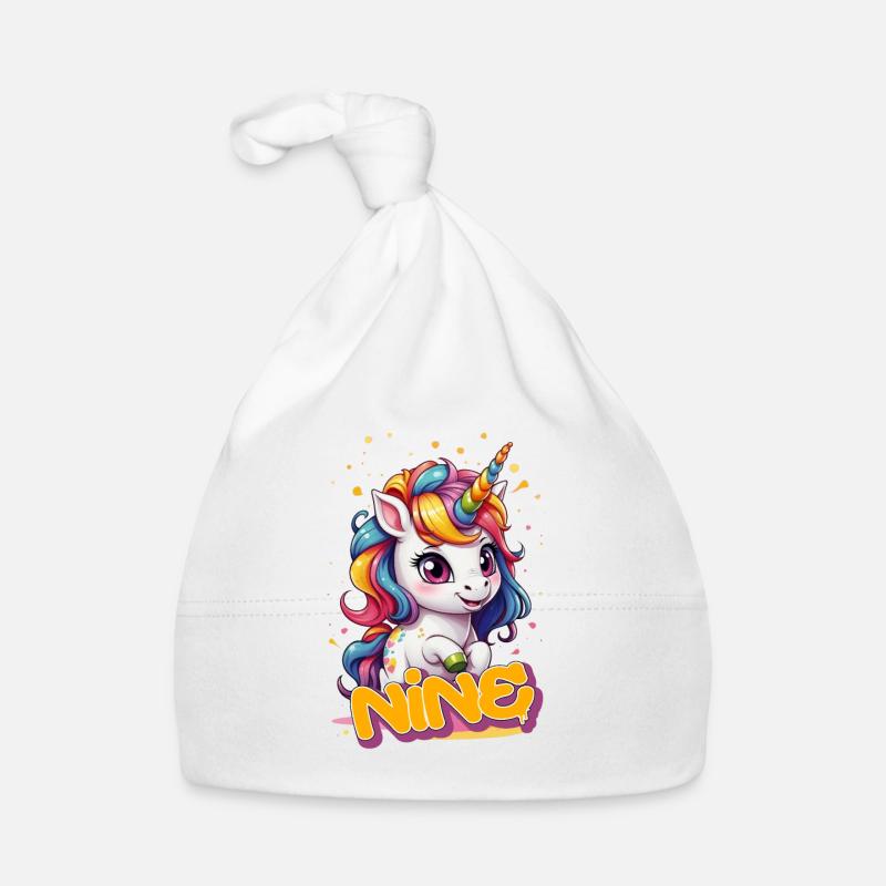 NINE - Schöner Mädchen Name mit süßem Einhorn Baby Bio-Mütze