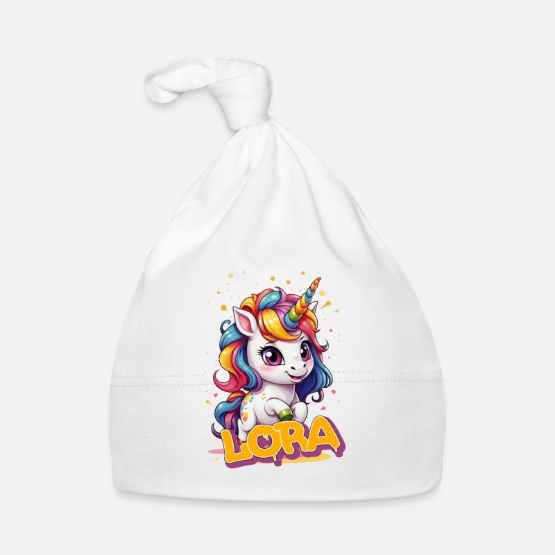LORA - Schöner Mädchen Name mit süßem Einhorn Baby Bio-Mütze