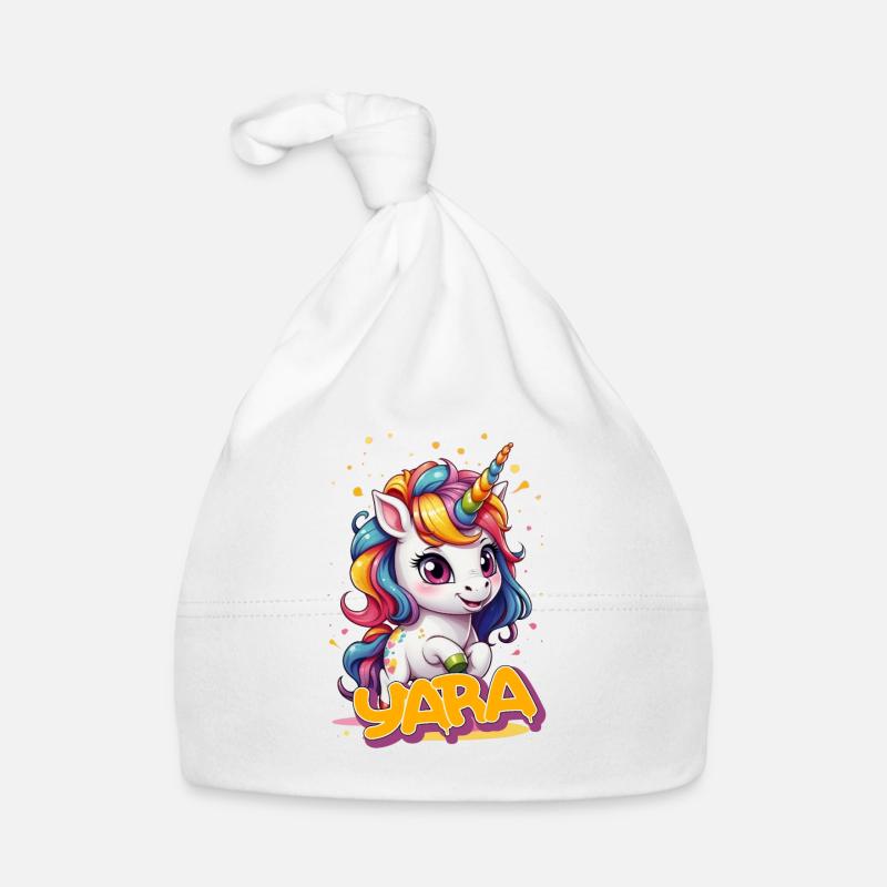 YARA - Schöner Mädchen Name mit süßem Einhorn Baby Bio-Mütze