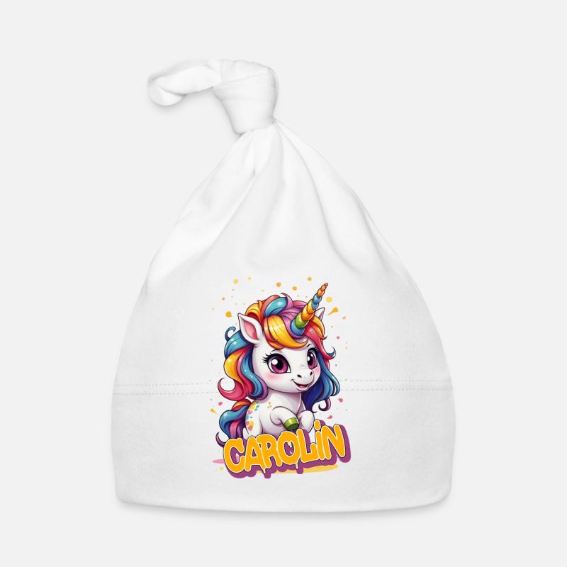 CAROLIN - Schöner Mädchen Name mit süßem Einhorn Baby Bio-Mütze