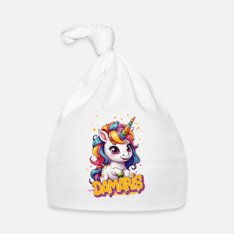 DAMARIS - Schöner Mädchen Name mit süßem Einhorn Baby Bio-Mütze