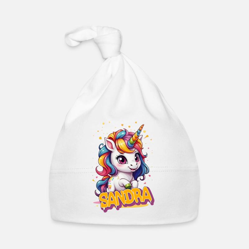 SANDRA - Schöner Mädchen Name mit süßem Einhorn Baby Bio-Mütze