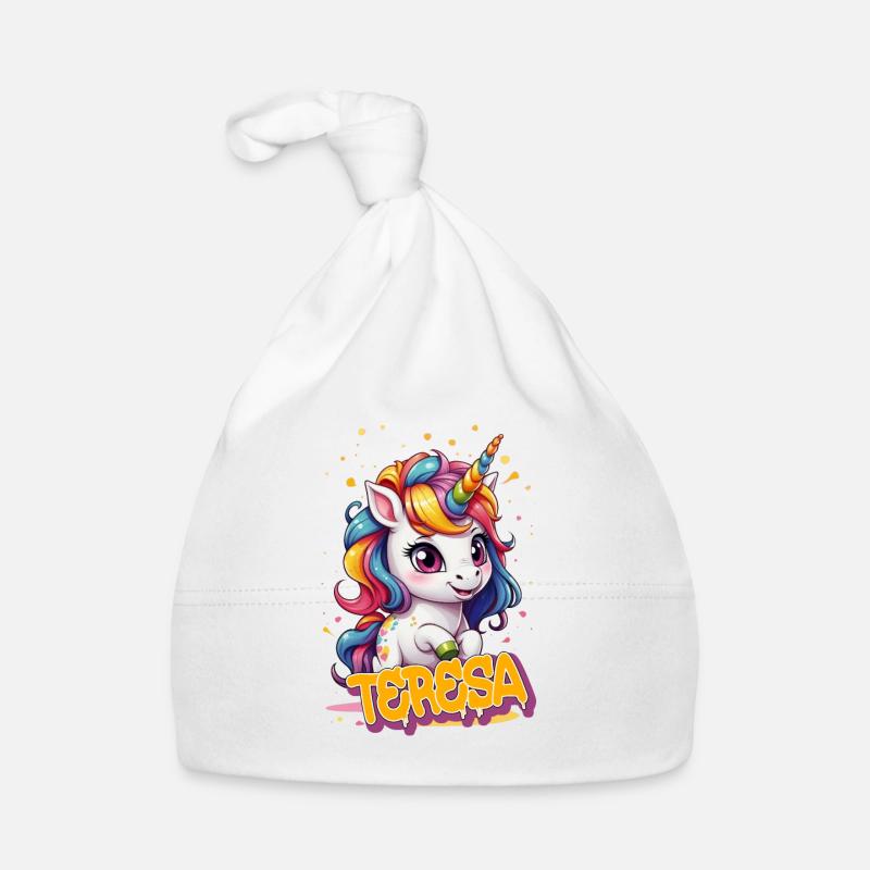 TERESA - Schöner Mädchen Name mit süßem Einhorn Baby Bio-Mütze