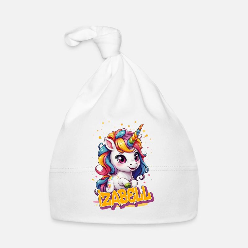IZABELL - Schöner Mädchen Name mit süßem Einhorn Baby Bio-Mütze