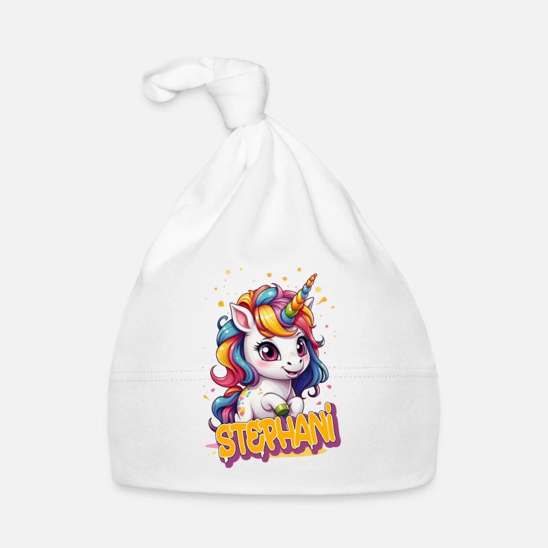 STEPHANI - Schöner Mädchen Name mit süßem Einhorn Baby Bio-Mütze