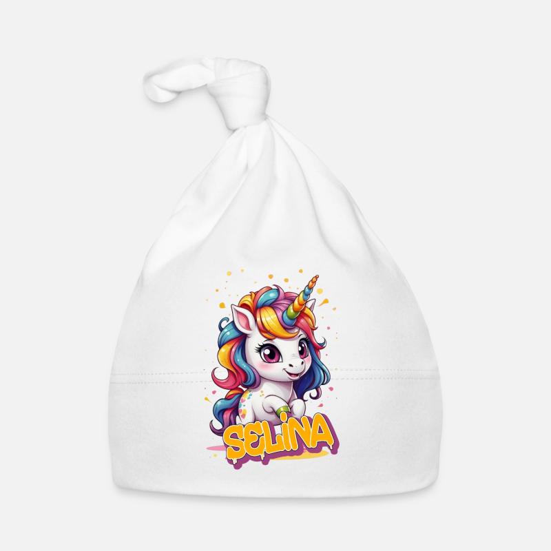 SELINA - Schöner Mädchen Name mit süßem Einhorn Baby Bio-Mütze