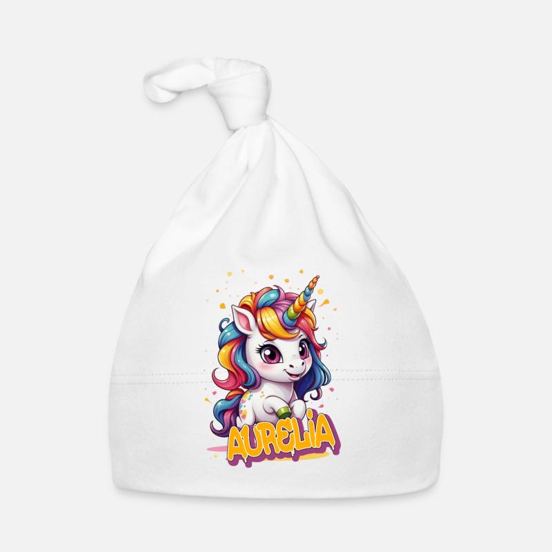 AURELIA - Schöner Mädchen Name mit süßem Einhorn Baby Bio-Mütze