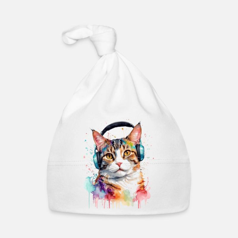 Katze Kopfhörer Bunt Lustig Tier Design Print Baby Bio-Mütze