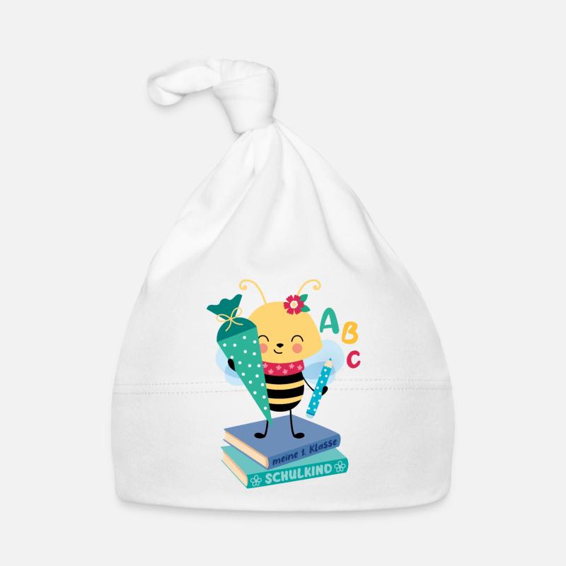 Biene mit Schultüte auf Bücherstapel Einschulung Baby Bio-Mütze
