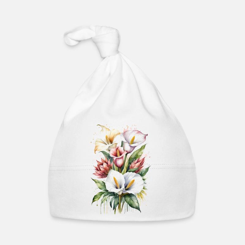Lys Calla et fleurs de Protea à l’aquarelle Bonnet bio Bébé